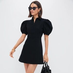 NWT Black Front Zip Denim Mini Dress Puff Sleeve